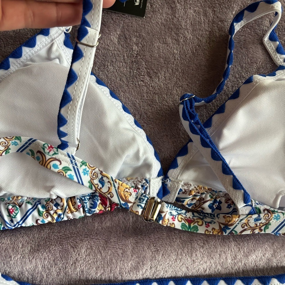 New Mediterranean Tile Print Scalloped Triangle Bikini Set Blue White Yellow L - Picture 9 of 11